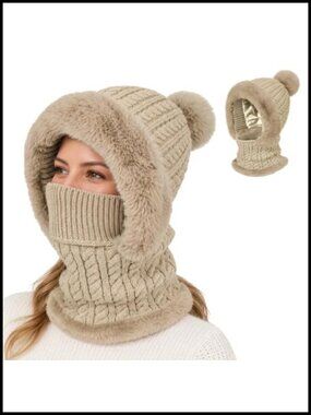 Satin Lined Beanie Hat Winter Knit Hood Neck Warmer Removable Pom